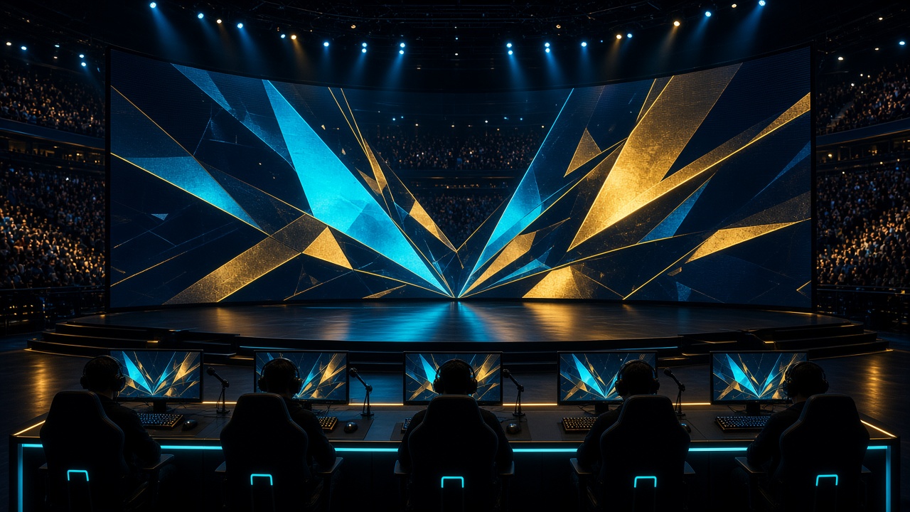 Players at a finals stage beneath a wide LED wall