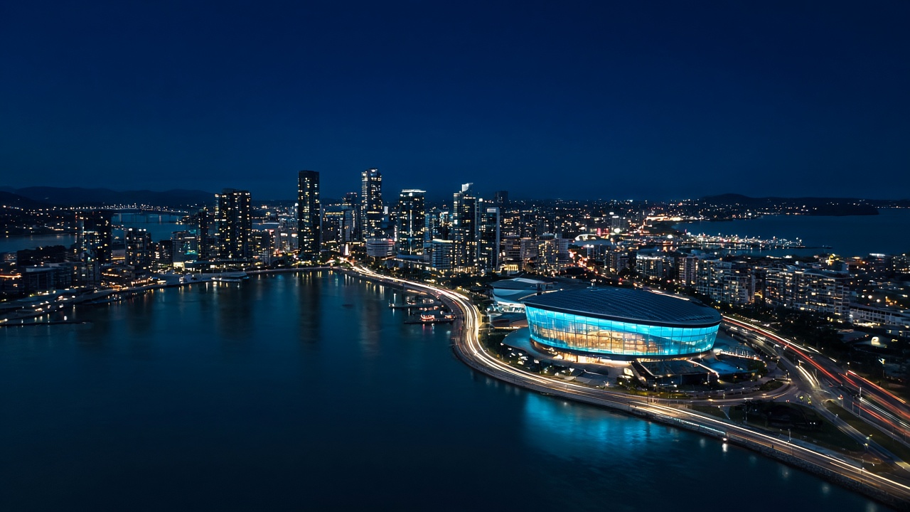 Night harbour city with a lit arena near the water