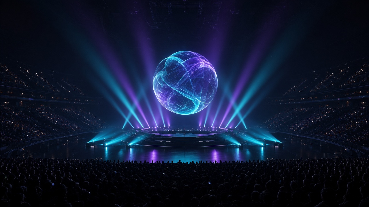 Night arena with a luminous sphere above a championship esports stage