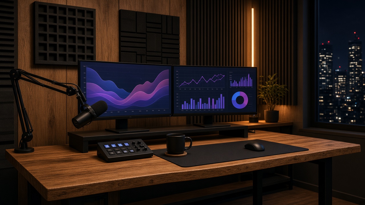Broadcast desk with dual monitors and a microphone boom