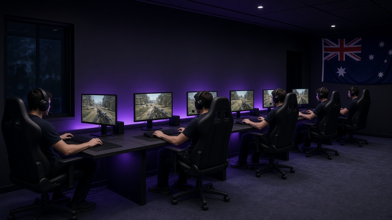 Row of identical LAN battlestations in violet light