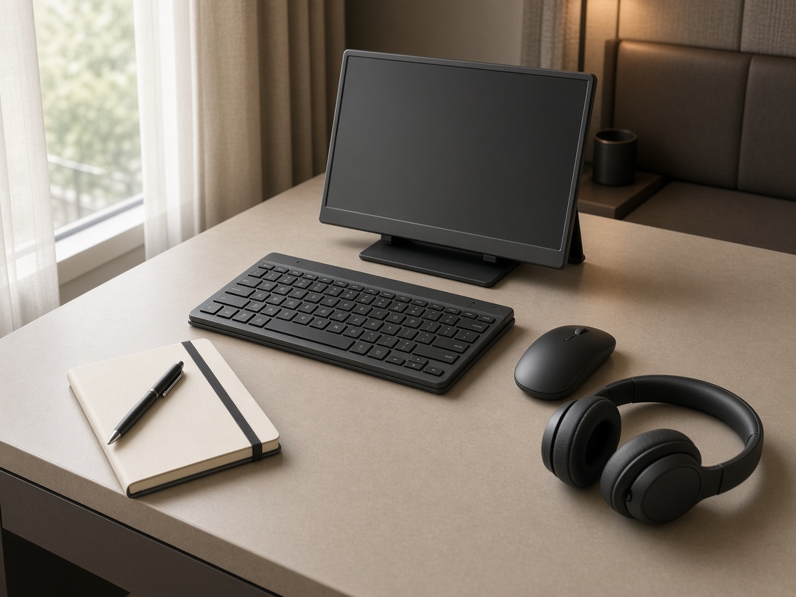 Compact travel tournament kit arranged on a hotel desk