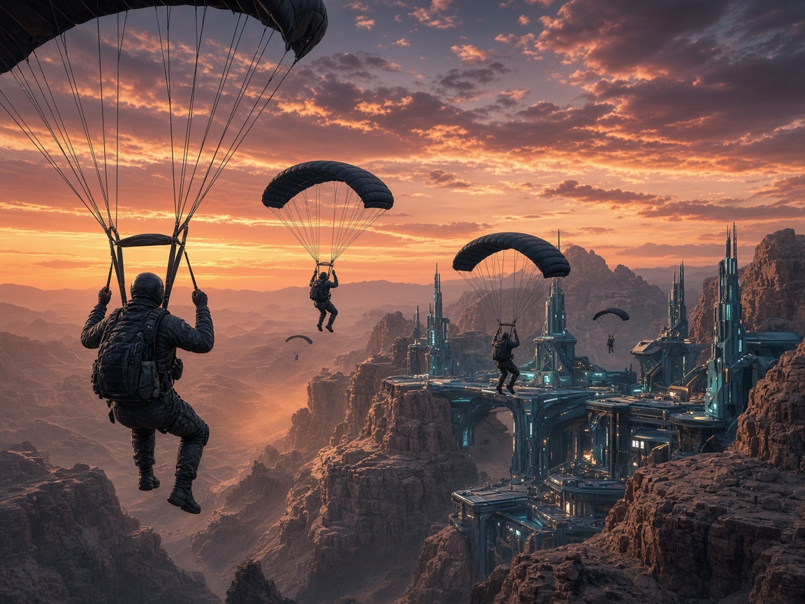 Athletes descending toward a canyon outpost at dusk