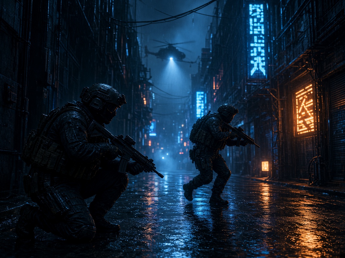 Night urban operation under cold blue light