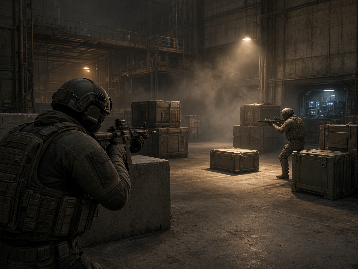 Smoke-filled industrial site during a tactical match