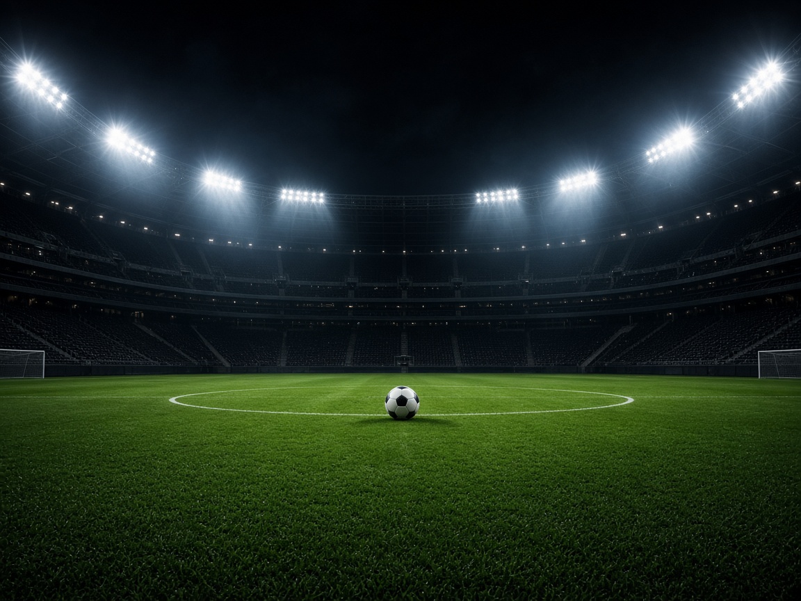 Football on the centre circle of a floodlit stadium