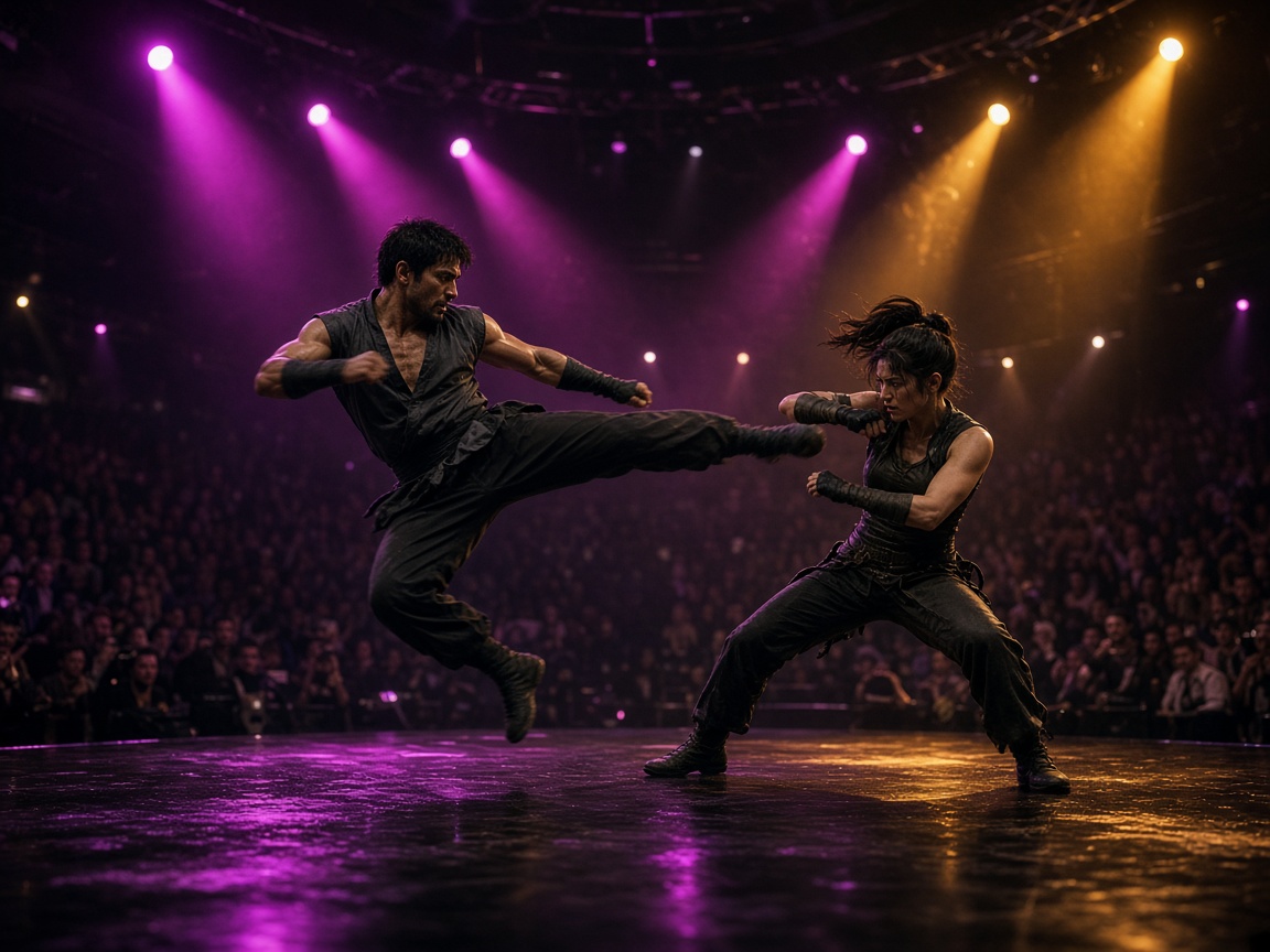 Two fighters under magenta and gold spotlights