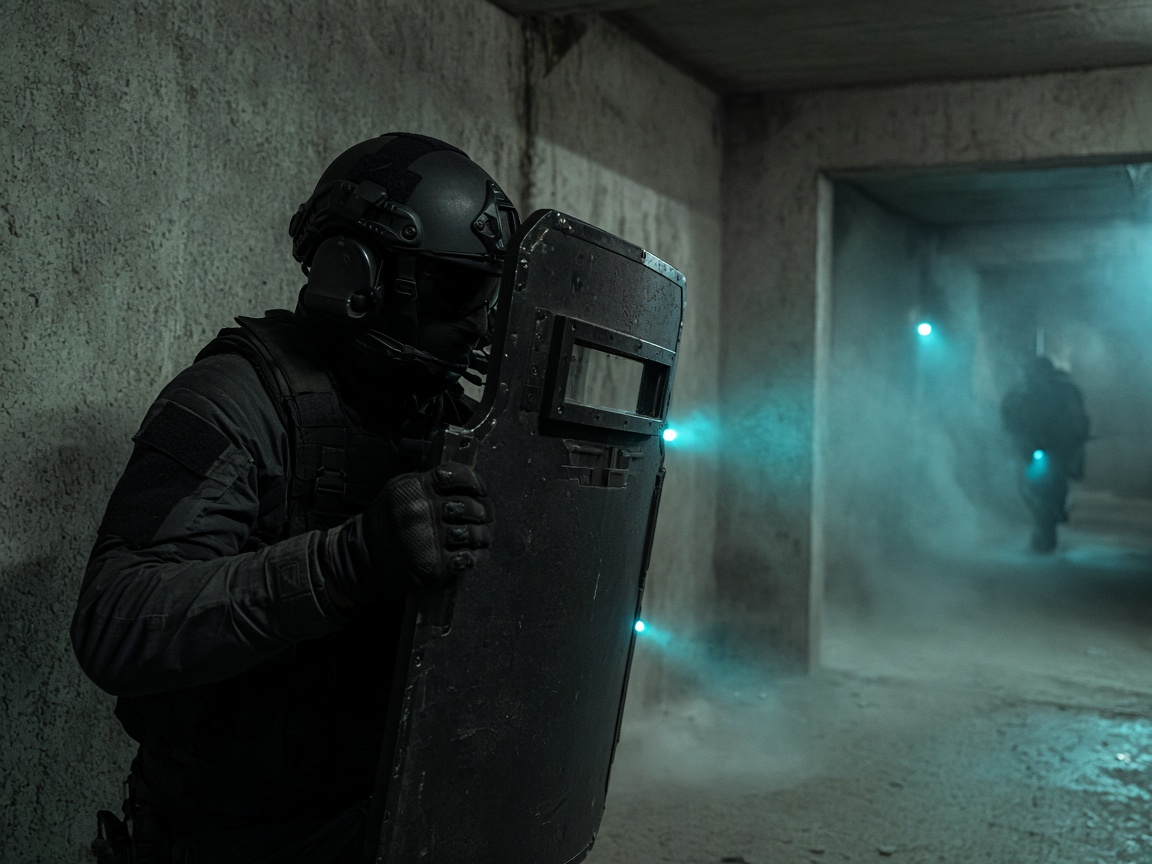Operator with a shield in a concrete breach scene