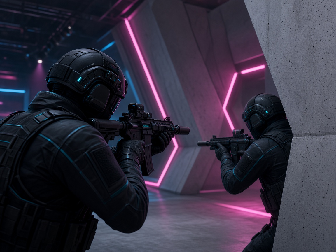 Tactical athletes holding a lane in cyan and magenta light